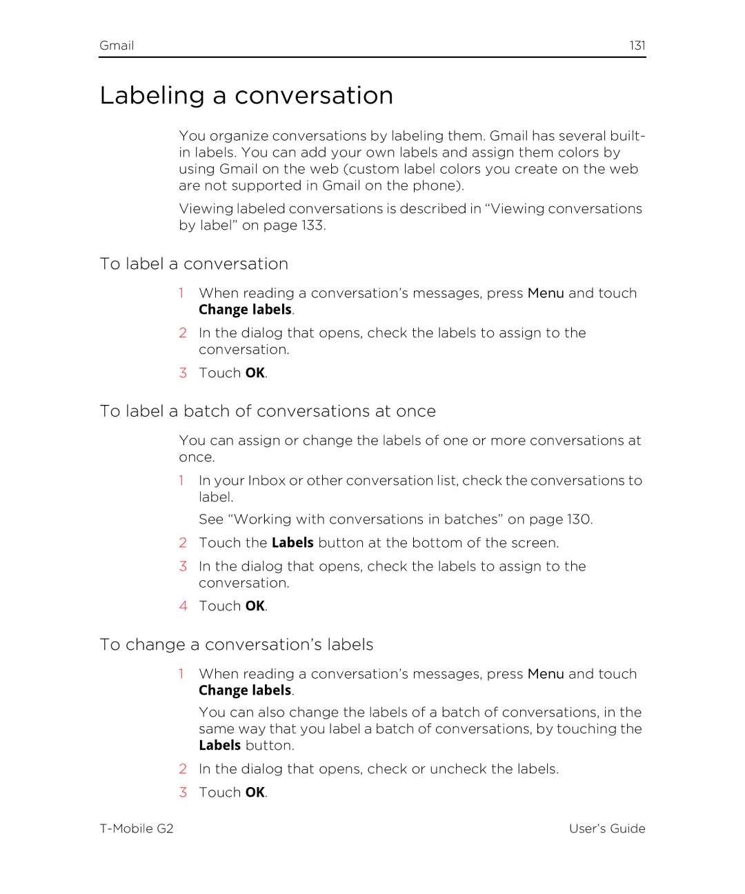 HTC G2 manual Labeling a conversation, To label a conversation, To label a batch of conversations at once, Change labels 