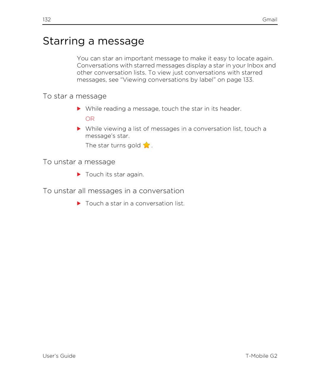 HTC G2 manual Starring a message, To star a message, To unstar a message, To unstar all messages in a conversation 