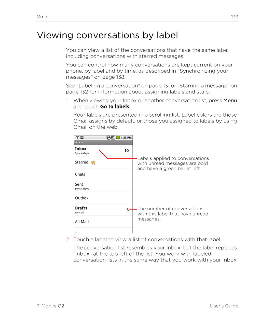 HTC G2 manual Viewing conversations by label 