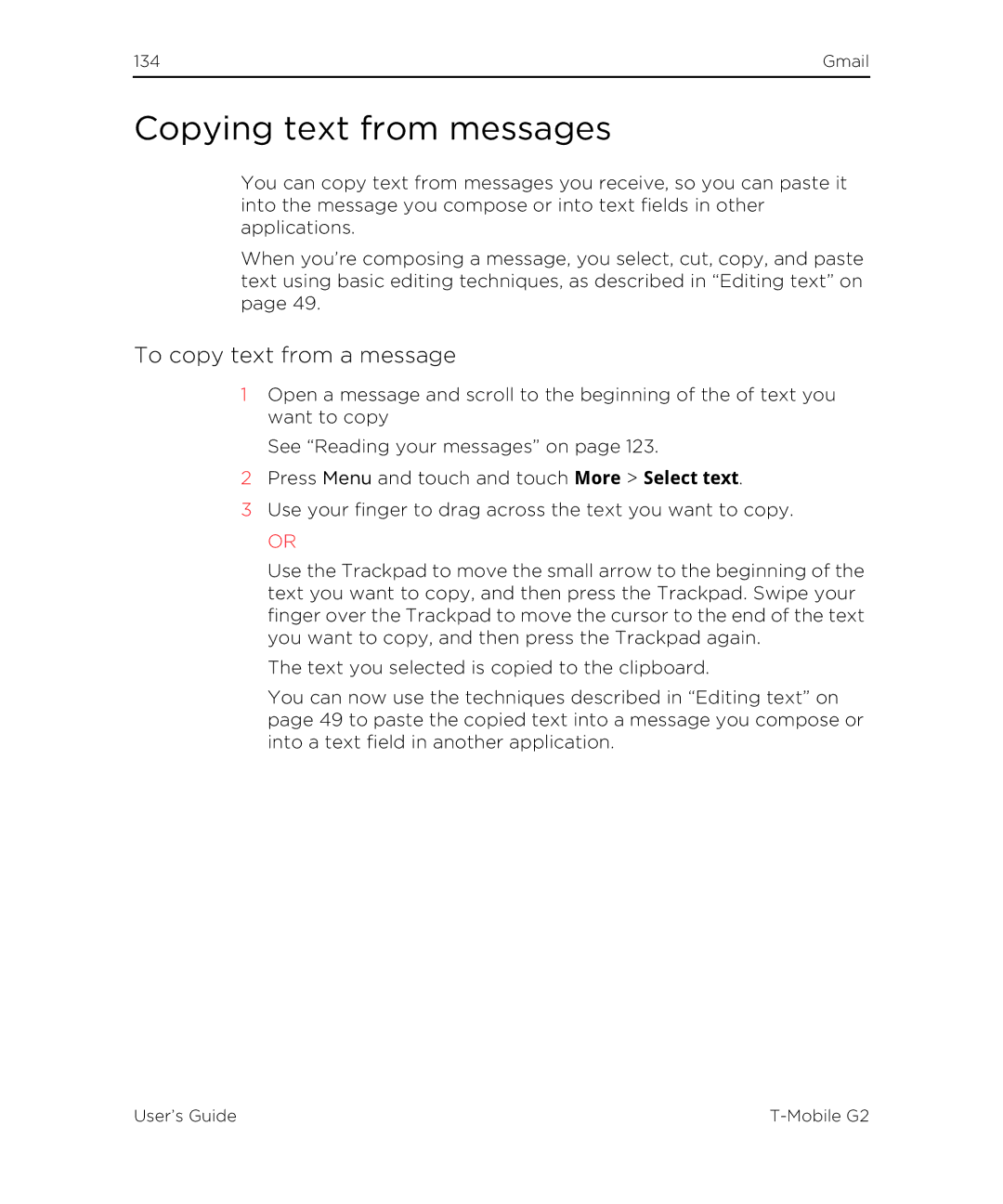 HTC G2 manual Copying text from messages, To copy text from a message 