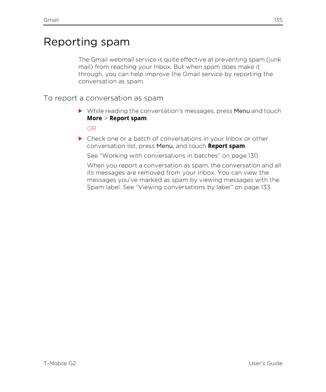 HTC G2 manual Reporting spam, To report a conversation as spam, More Report spam 