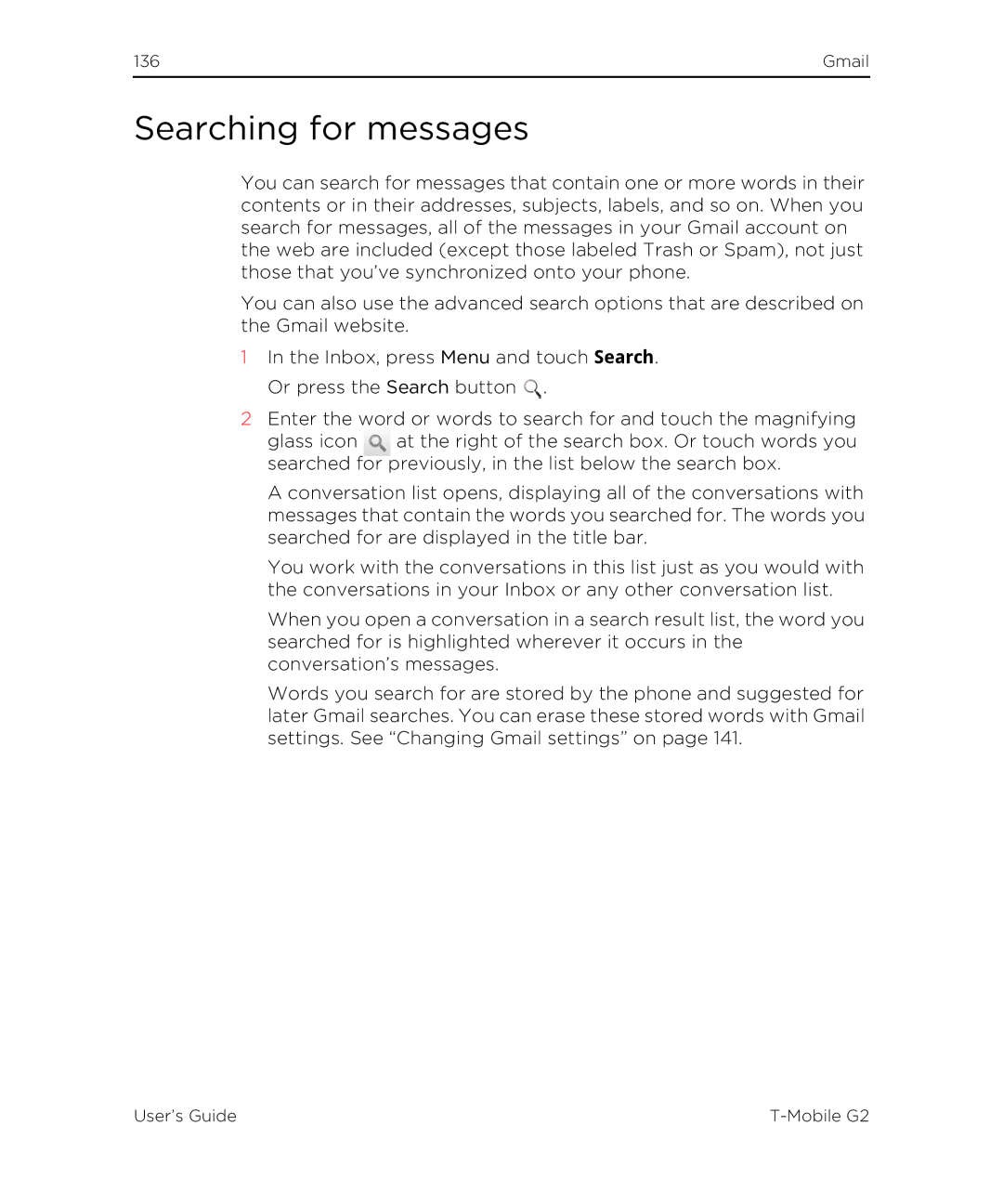 HTC G2 manual Searching for messages 