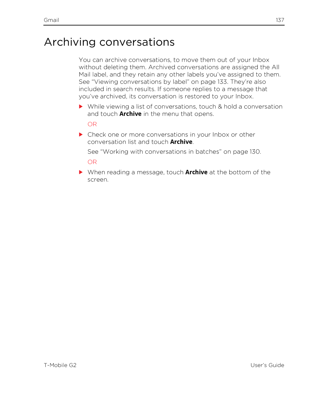 HTC G2 manual Archiving conversations 