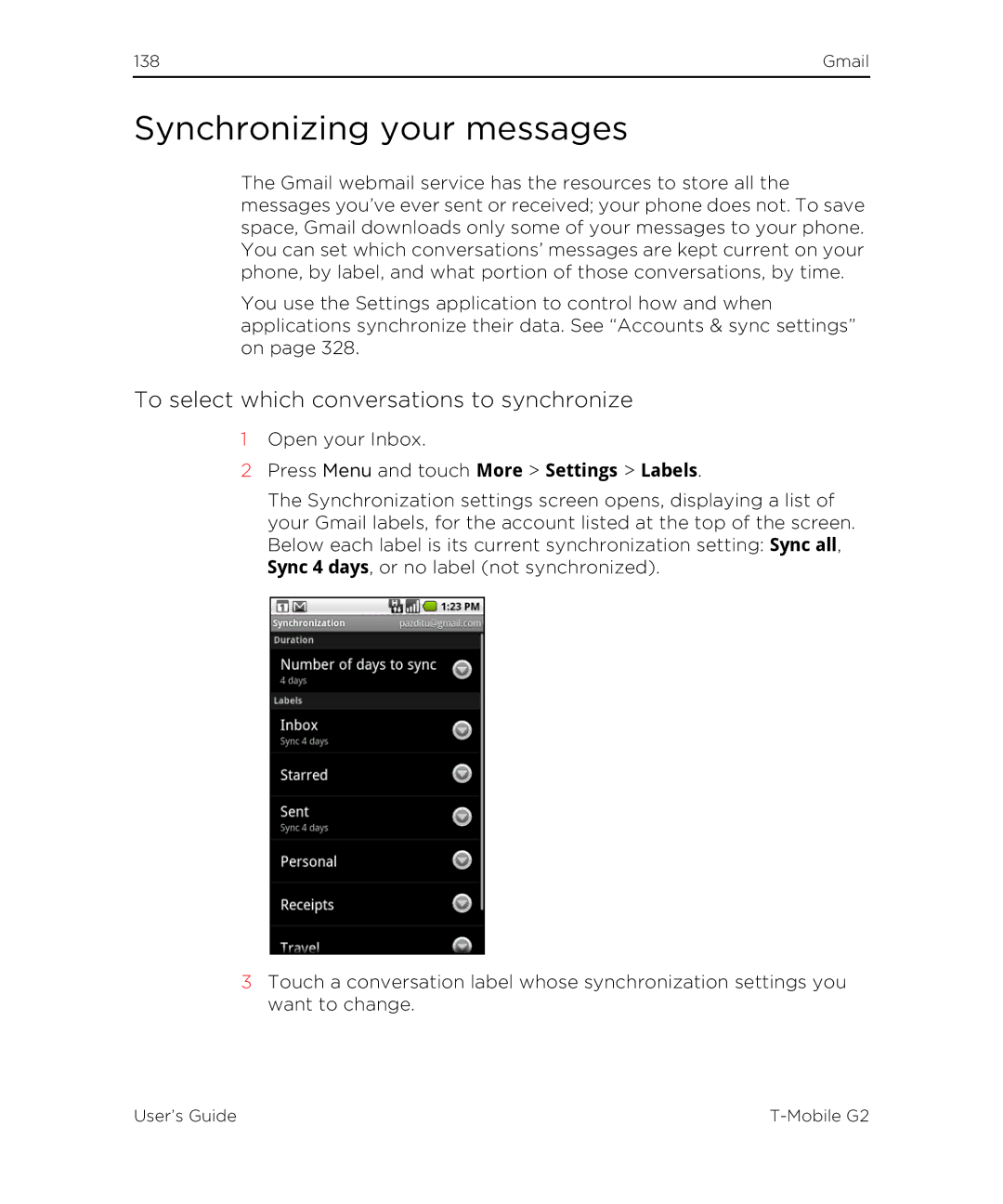 HTC G2 manual Synchronizing your messages, To select which conversations to synchronize 