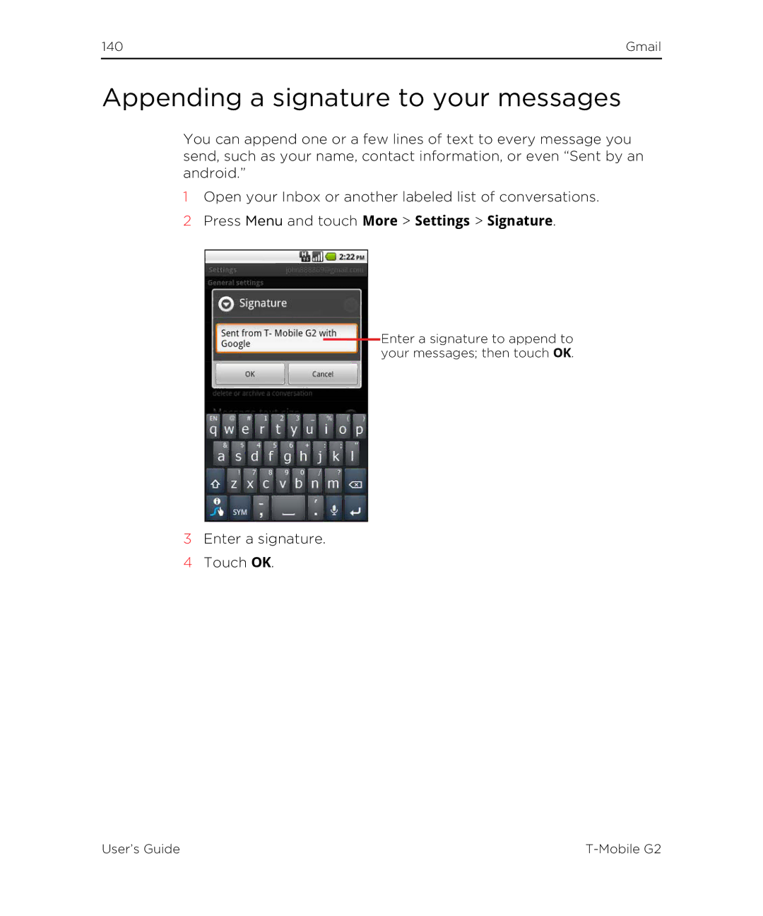 HTC G2 manual Appending a signature to your messages 