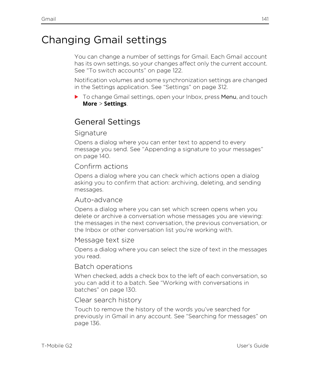 HTC G2 manual Changing Gmail settings, General Settings 