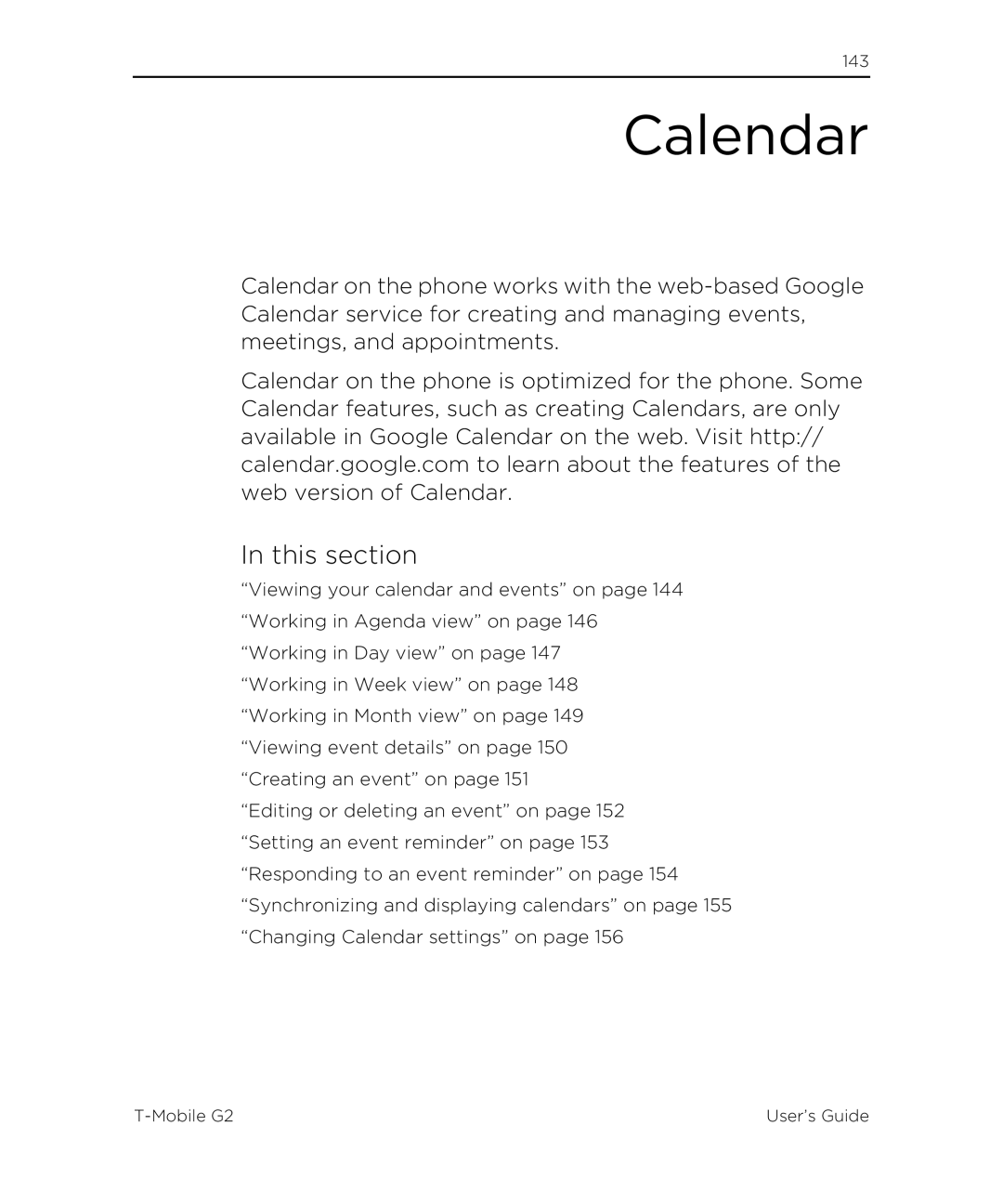 HTC G2 manual Calendar, This section 