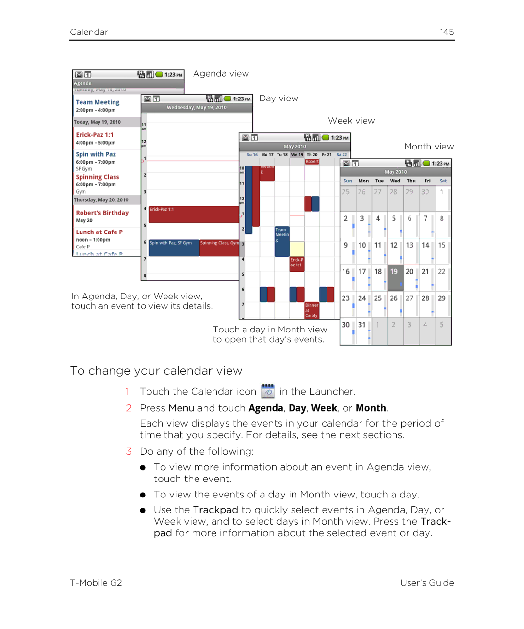 HTC G2 manual To change your calendar view 