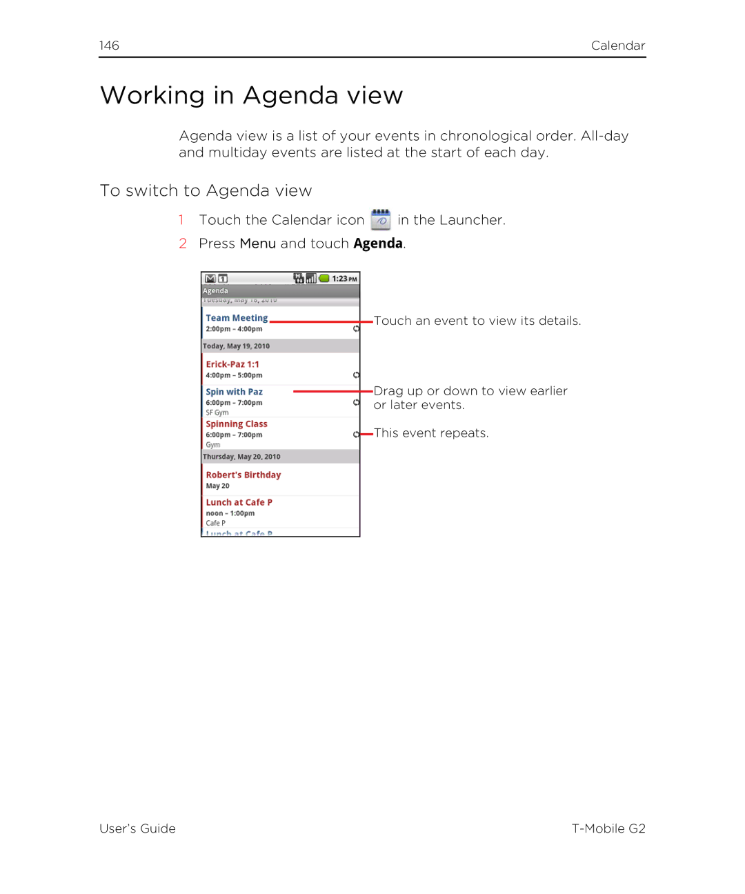 HTC G2 manual Working in Agenda view, To switch to Agenda view 