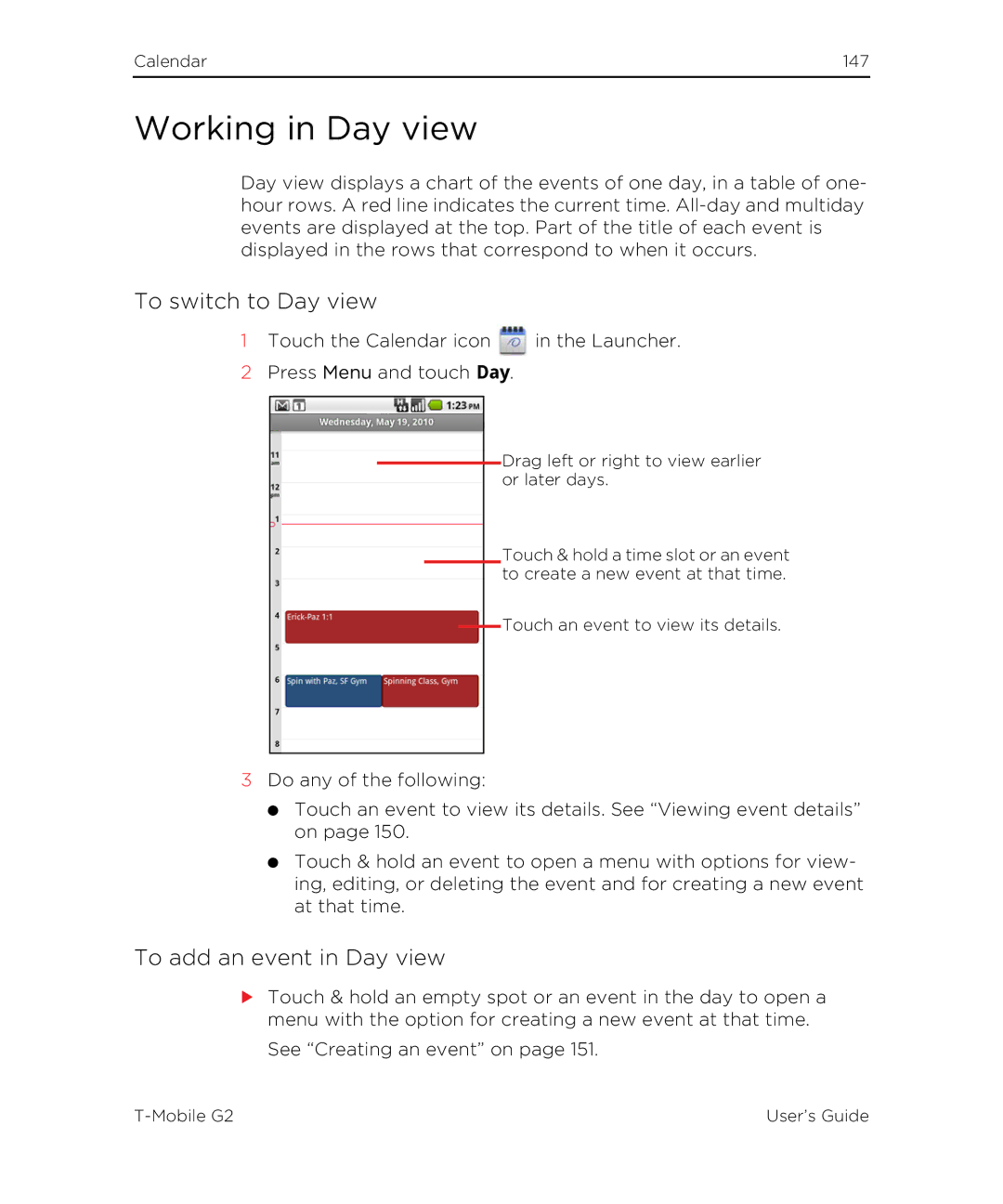 HTC G2 manual Working in Day view, To switch to Day view, To add an event in Day view 