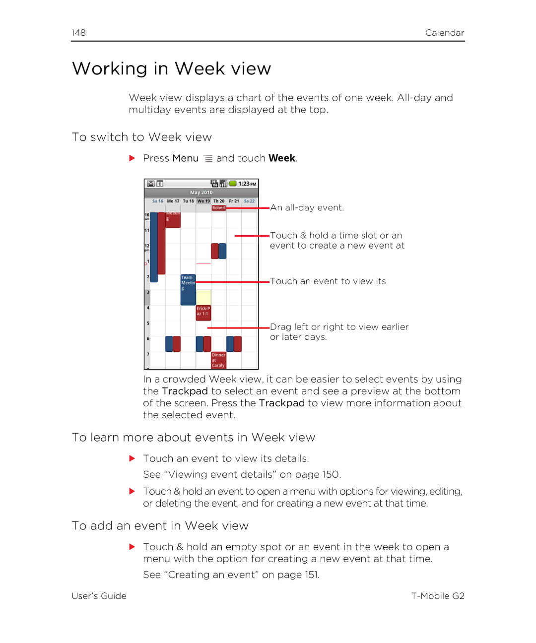 HTC G2 Working in Week view, To switch to Week view, To learn more about events in Week view, To add an event in Week view 