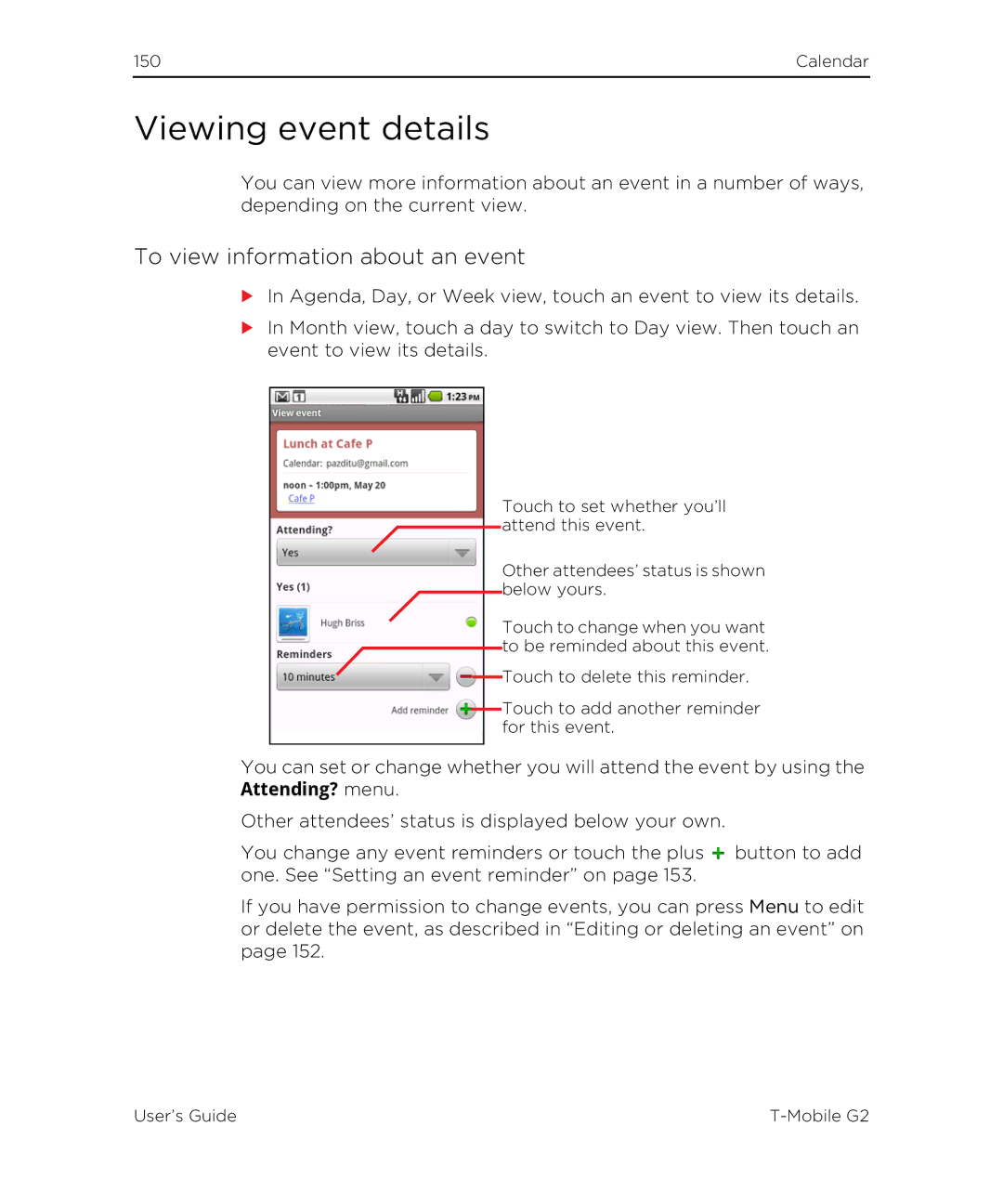 HTC G2 manual Viewing event details, To view information about an event 