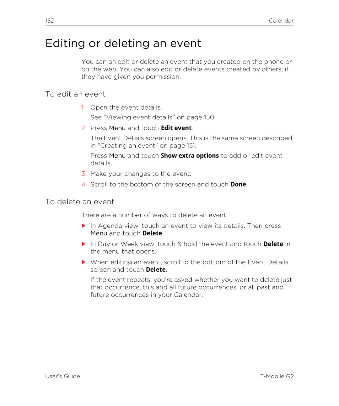 HTC G2 manual Editing or deleting an event, To edit an event, To delete an event 