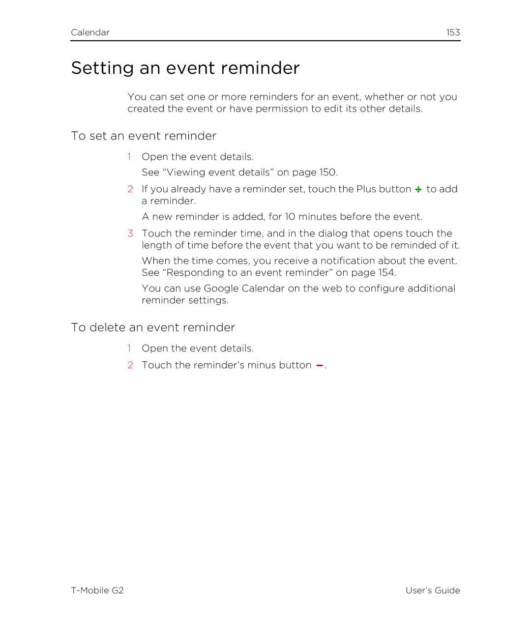 HTC G2 manual Setting an event reminder, To set an event reminder, To delete an event reminder 