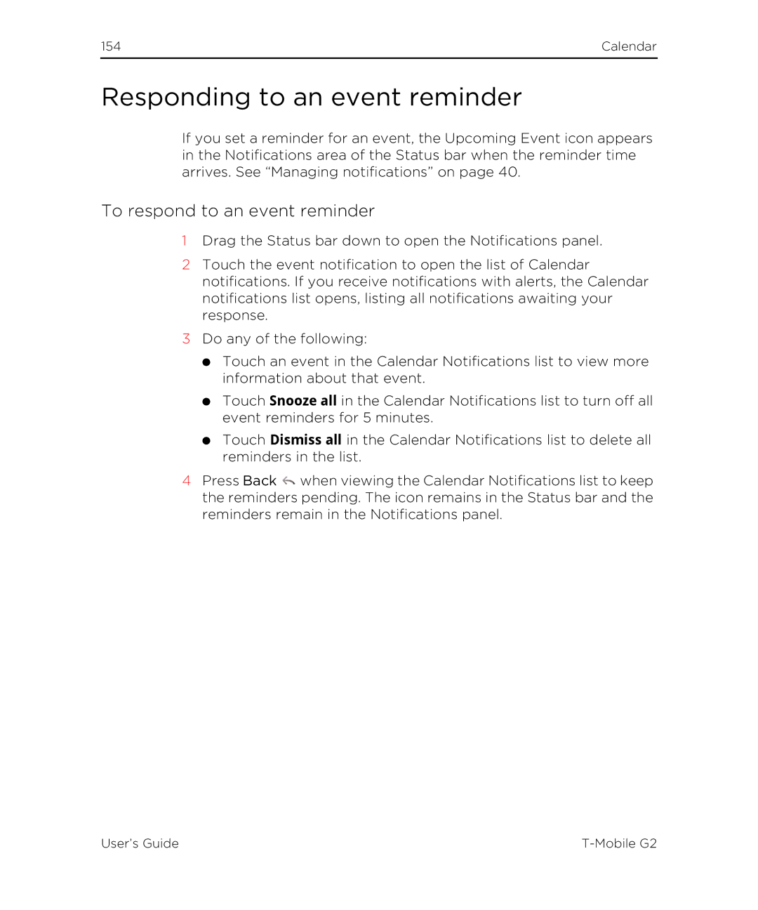 HTC G2 manual Responding to an event reminder, To respond to an event reminder 