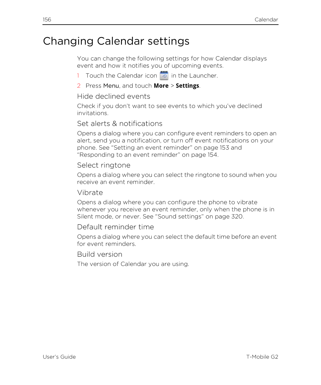 HTC G2 Changing Calendar settings, Hide declined events, Set alerts & notifications, Default reminder time, Build version 