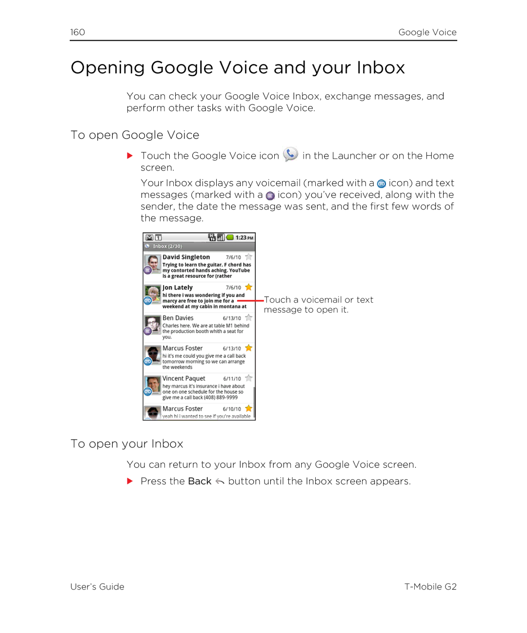 HTC G2 manual Opening Google Voice and your Inbox, To open Google Voice, To open your Inbox 