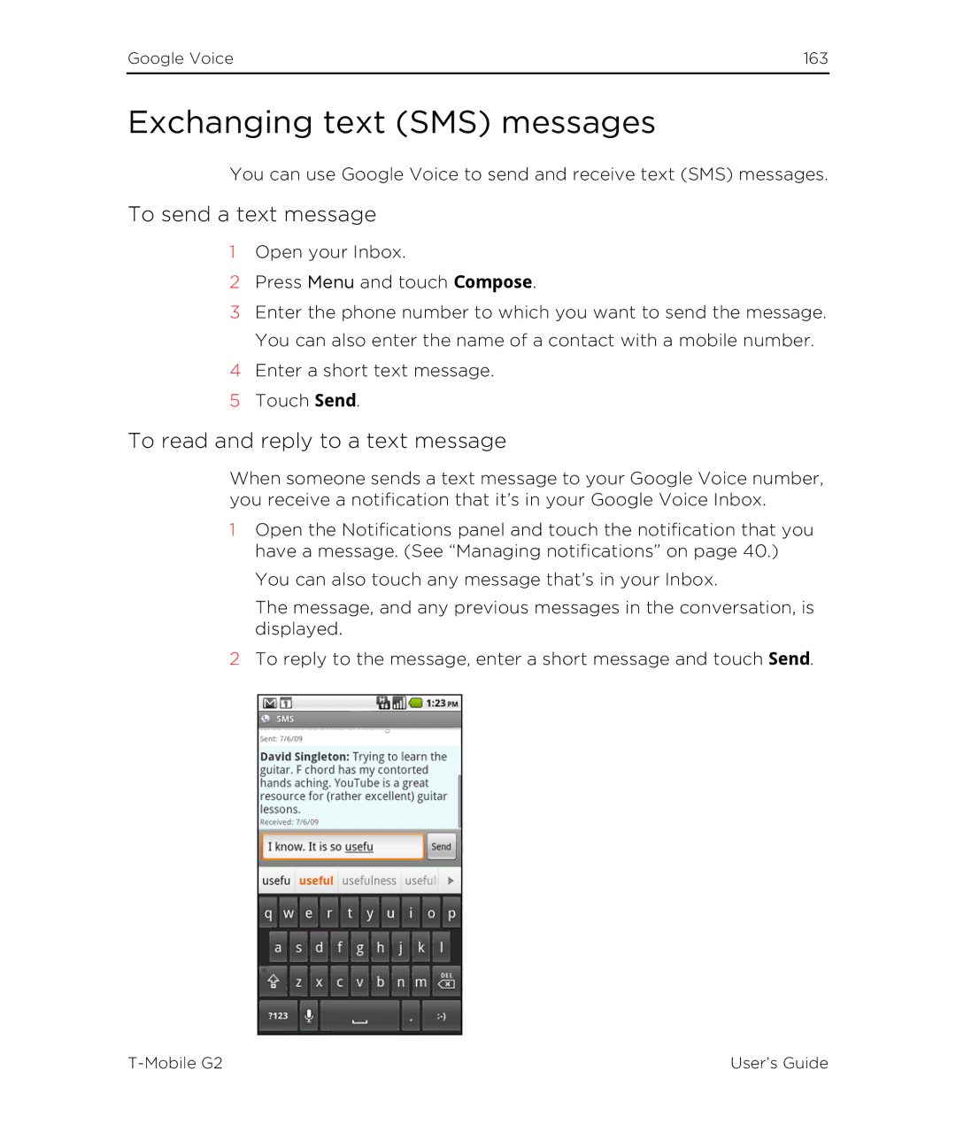 HTC G2 manual Exchanging text SMS messages, To send a text message, To read and reply to a text message 