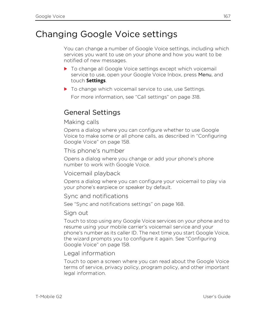 HTC G2 manual Changing Google Voice settings 