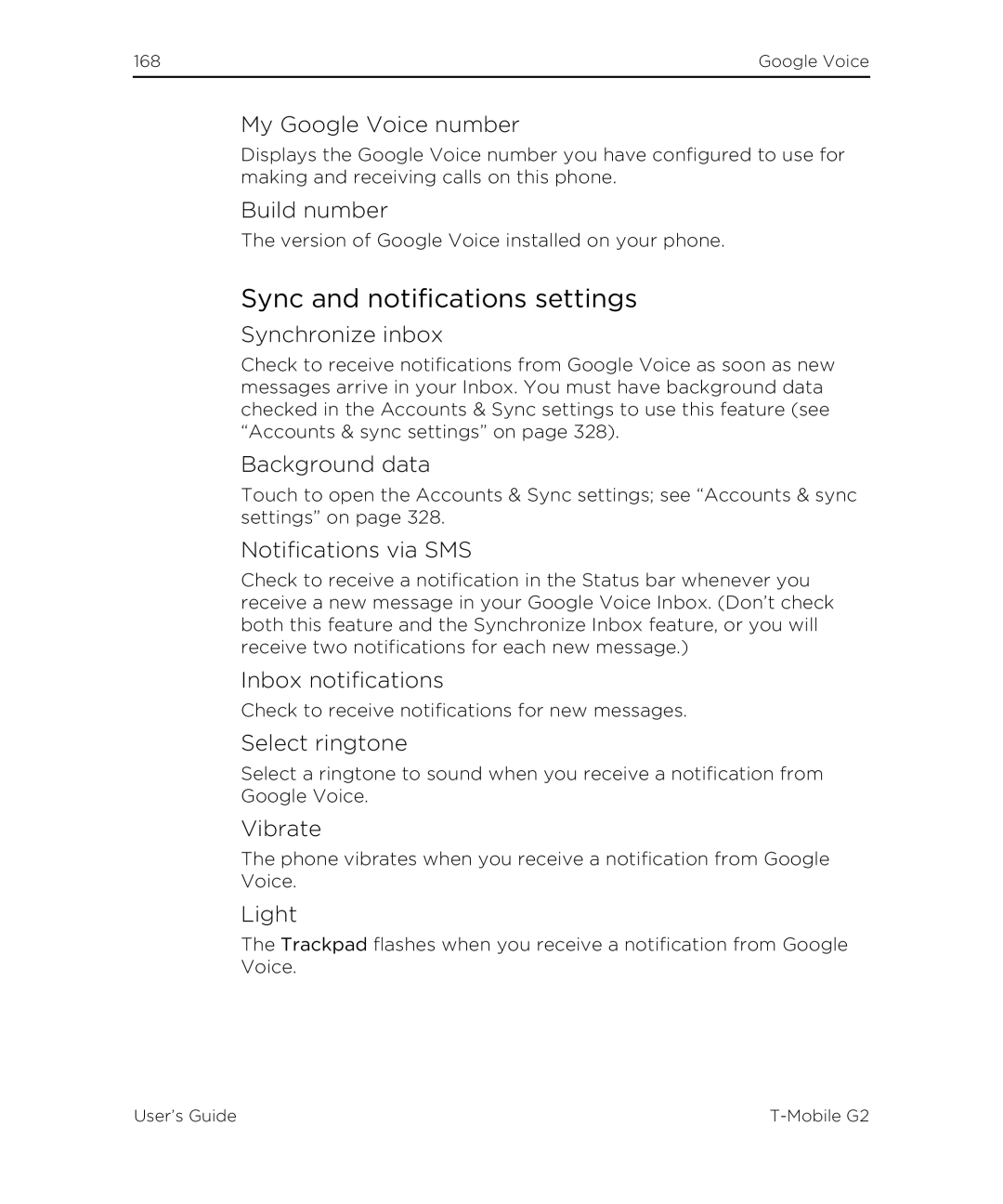 HTC G2 manual Sync and notifications settings 