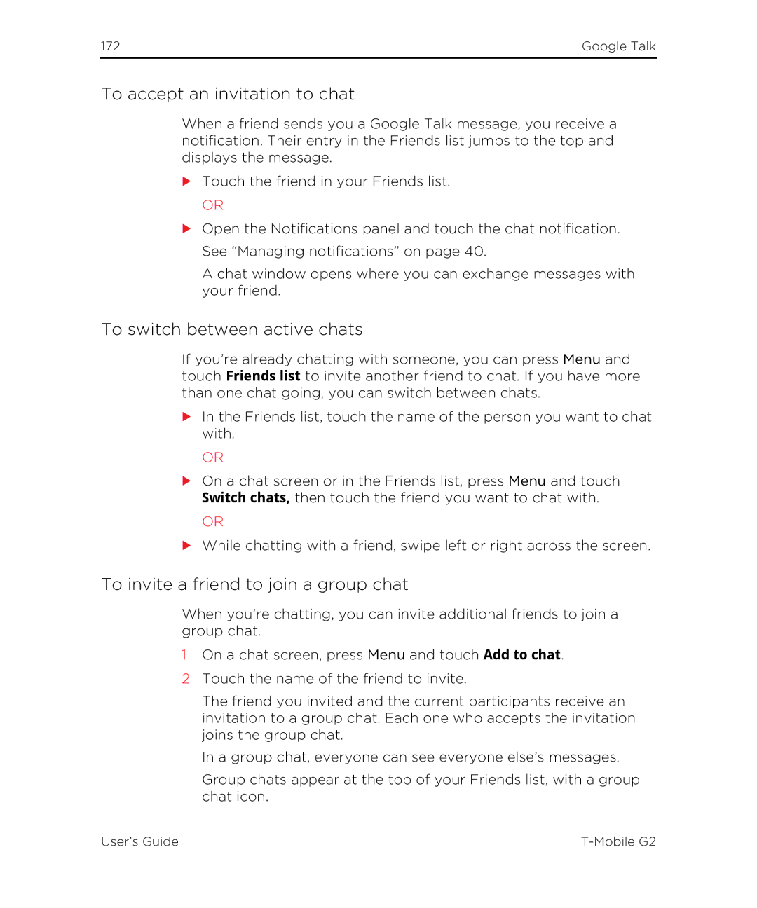 HTC G2 manual To accept an invitation to chat, To switch between active chats, To invite a friend to join a group chat 