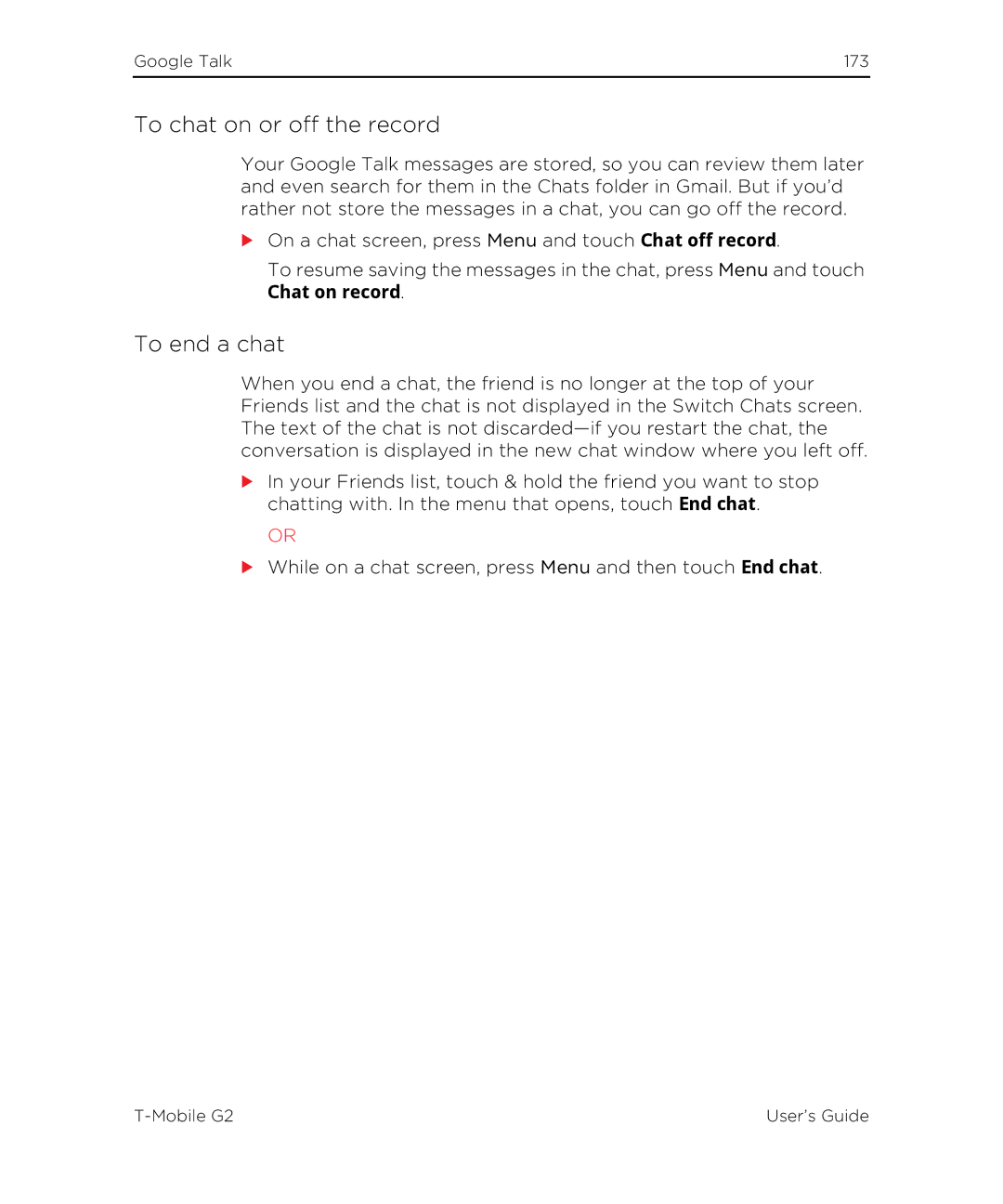 HTC G2 manual To chat on or off the record, To end a chat, Chat on record 