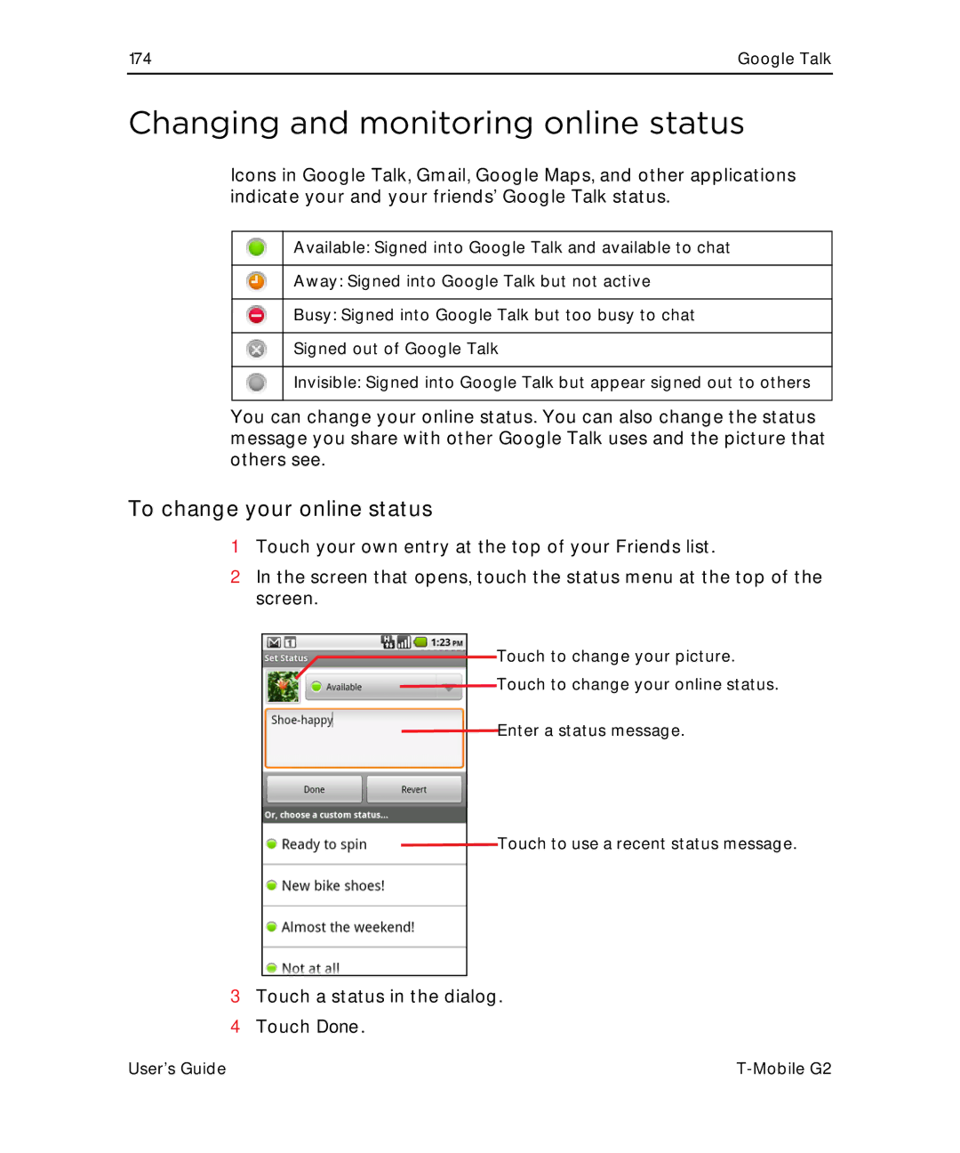 HTC G2 manual Changing and monitoring online status, To change your online status 