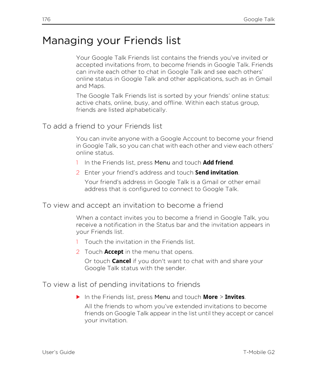HTC G2 Managing your Friends list, To add a friend to your Friends list, To view a list of pending invitations to friends 