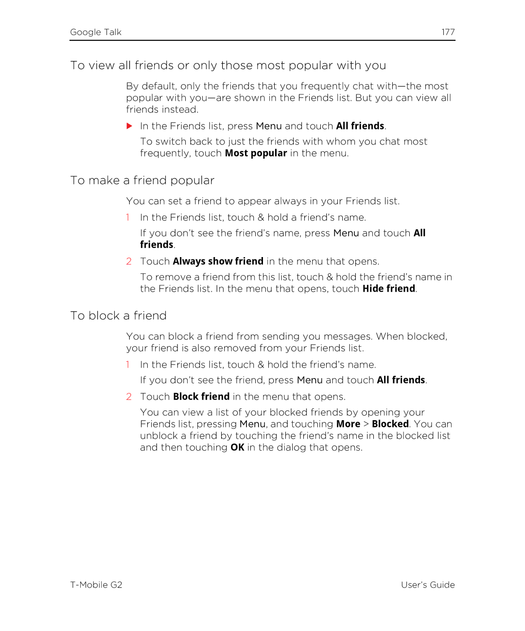 HTC G2 manual To view all friends or only those most popular with you, To make a friend popular, To block a friend 