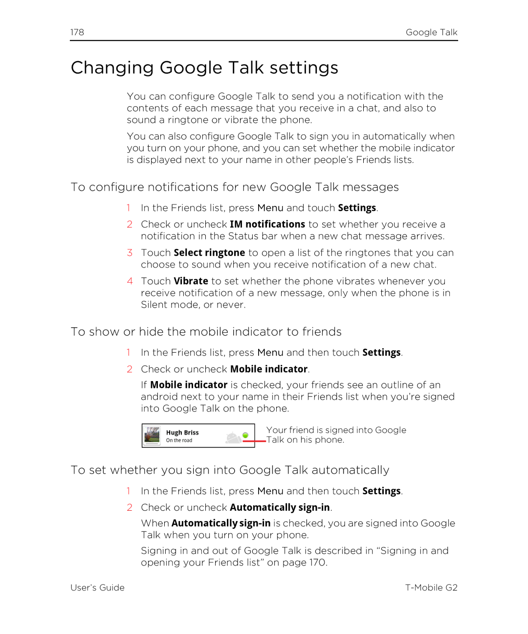 HTC G2 manual Changing Google Talk settings, To configure notifications for new Google Talk messages 