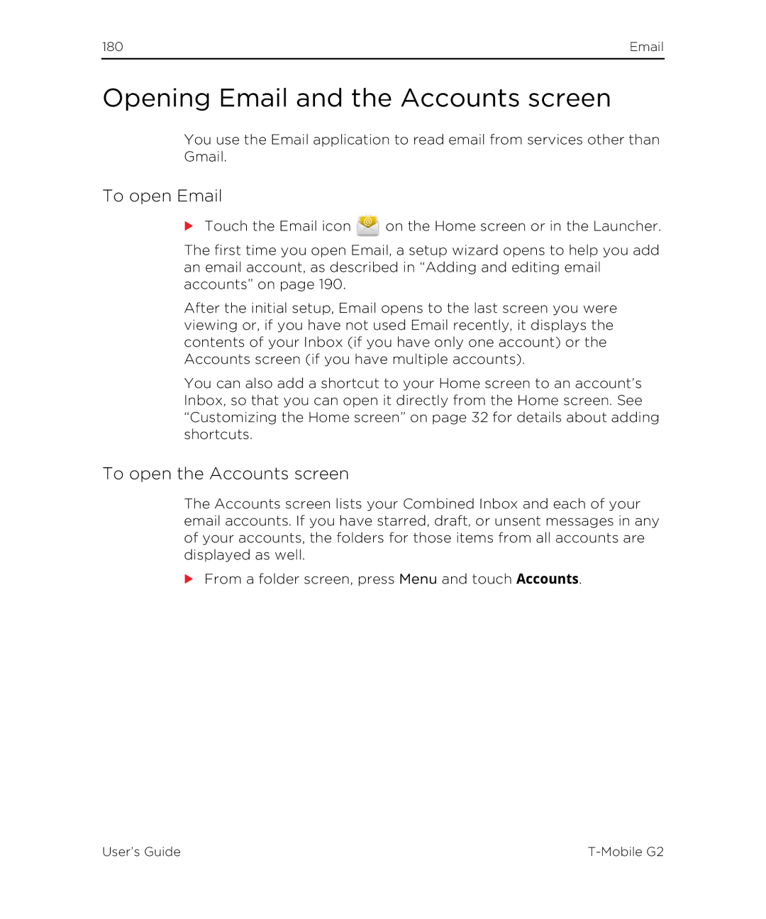 HTC G2 manual Opening Email and the Accounts screen, To open Email, To open the Accounts screen 