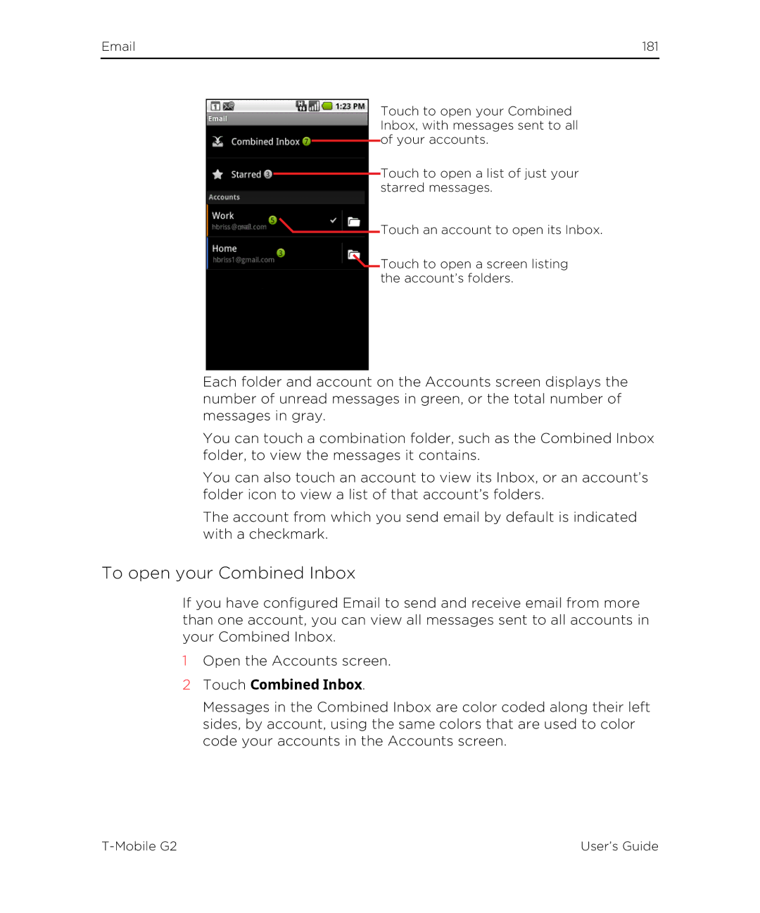 HTC G2 manual To open your Combined Inbox, Touch Combined Inbox 