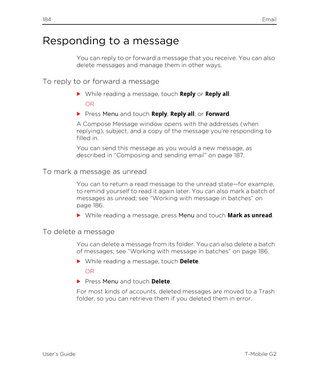 HTC G2 manual Responding to a message, To mark a message as unread 