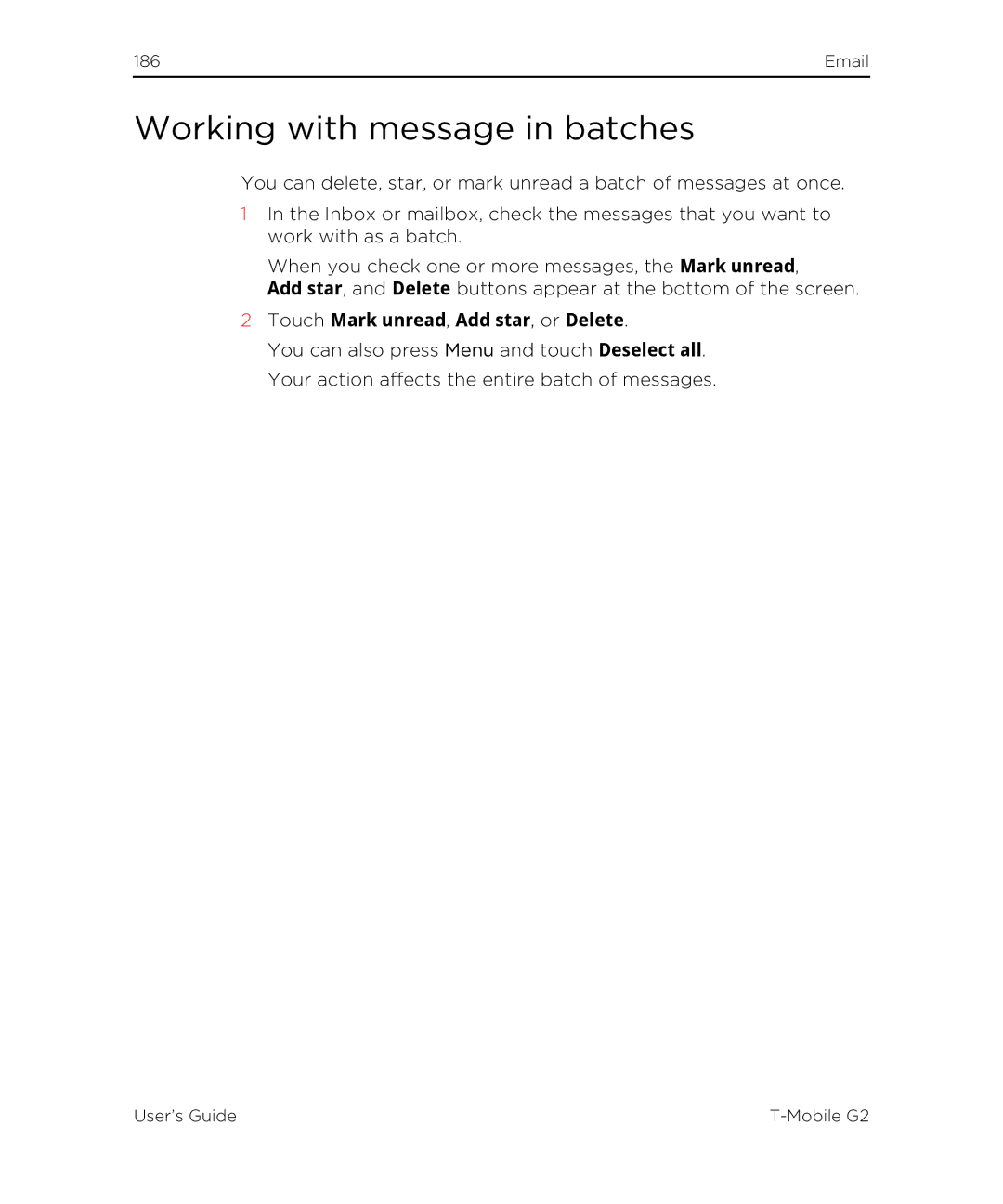 HTC G2 manual Working with message in batches, Touch Mark unread, Add star, or Delete 