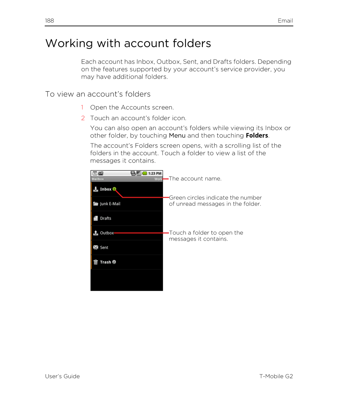 HTC G2 manual Working with account folders, To view an account’s folders 