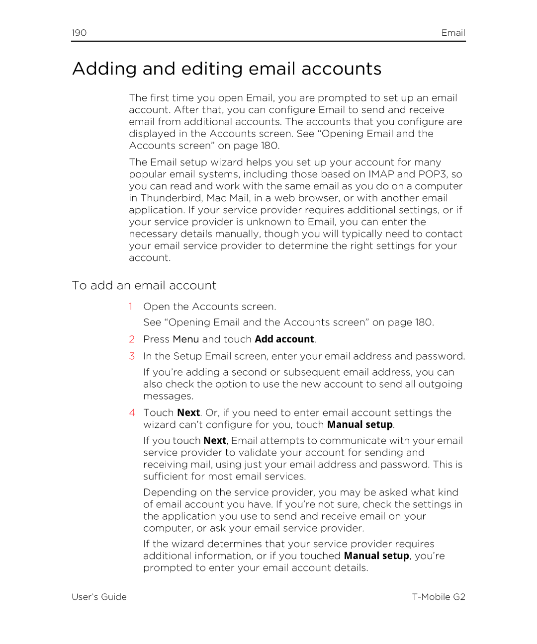 HTC G2 manual Adding and editing email accounts, To add an email account 