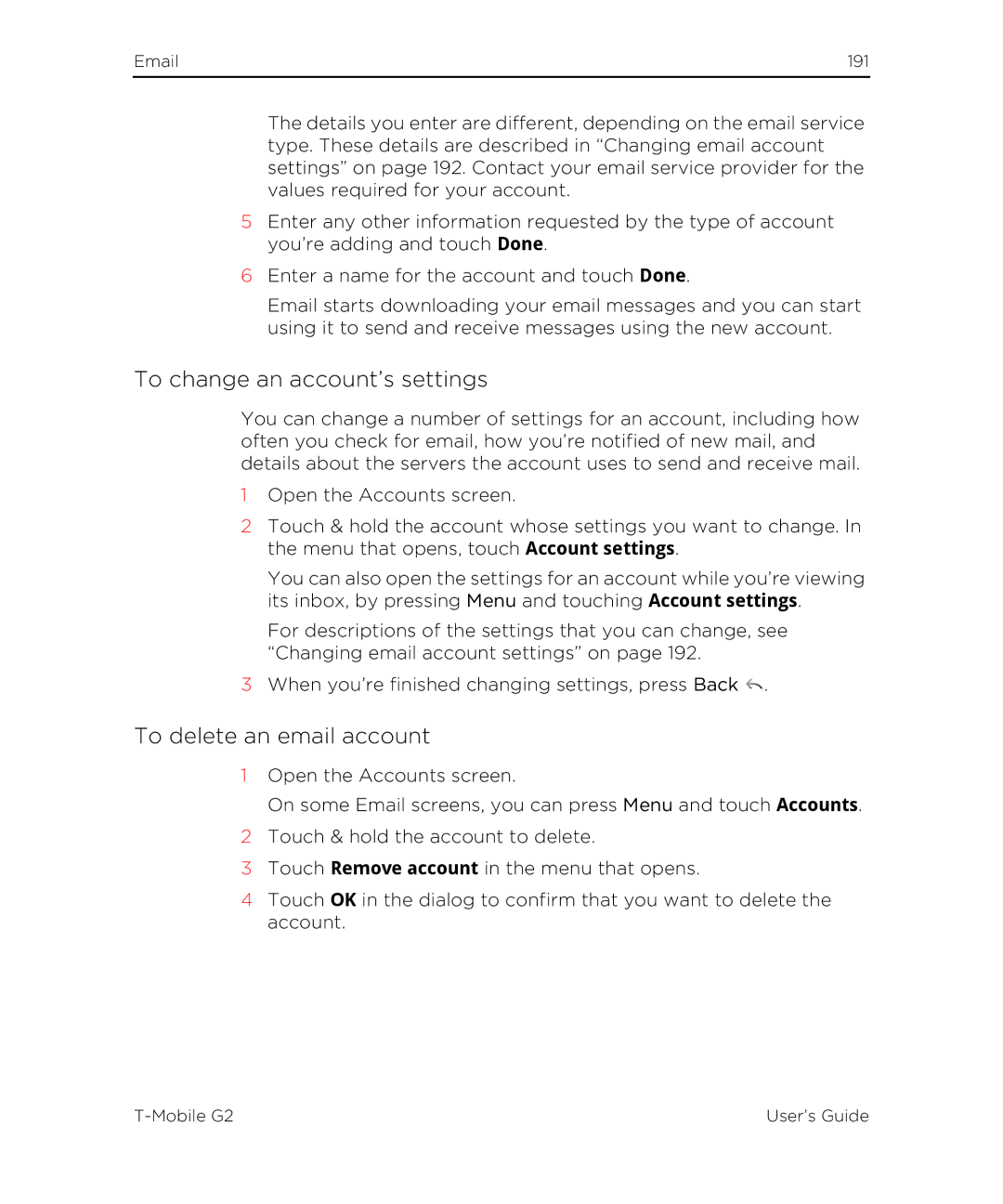 HTC G2 manual To change an account’s settings, To delete an email account 
