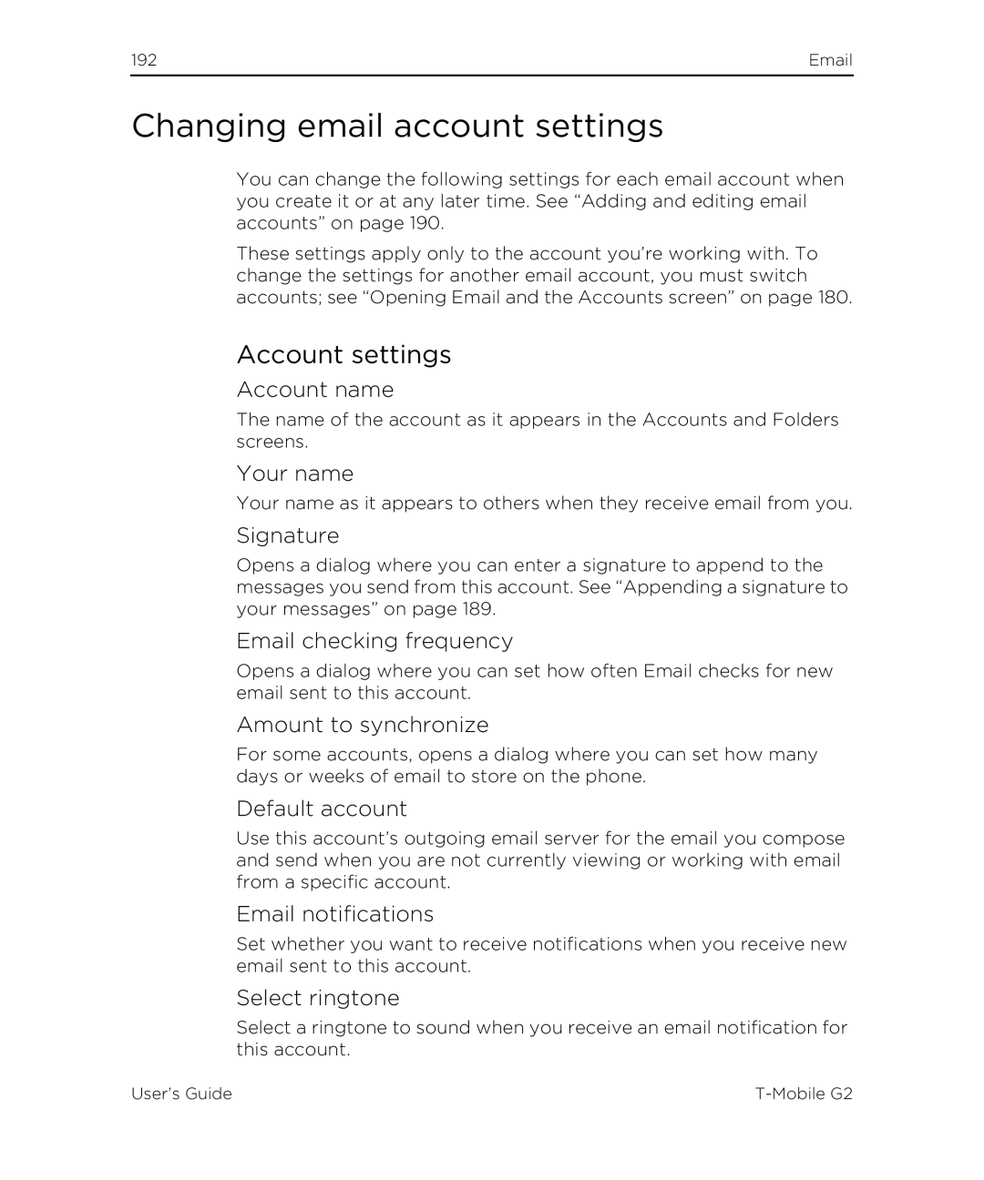 HTC G2 manual Changing email account settings, Account settings 