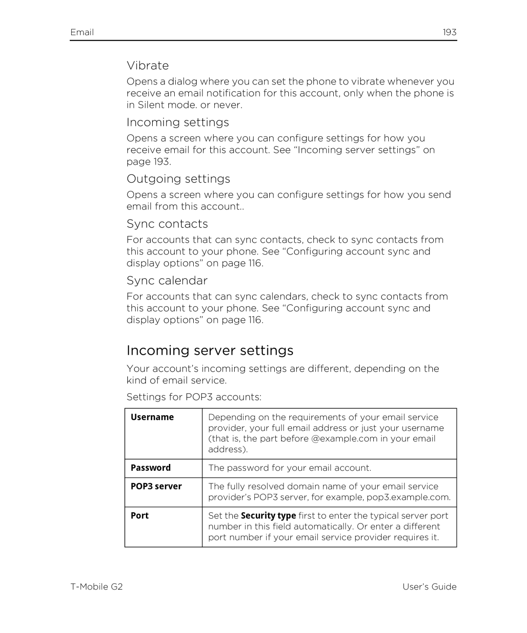 HTC G2 manual Incoming server settings, Incoming settings, Outgoing settings, Sync contacts, Sync calendar 