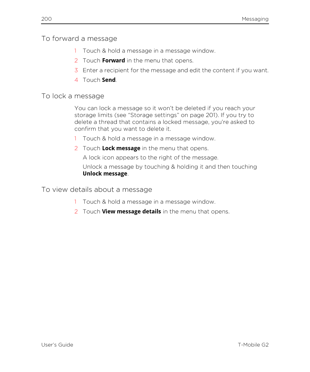 HTC G2 manual To forward a message, To lock a message, To view details about a message, Unlock message 