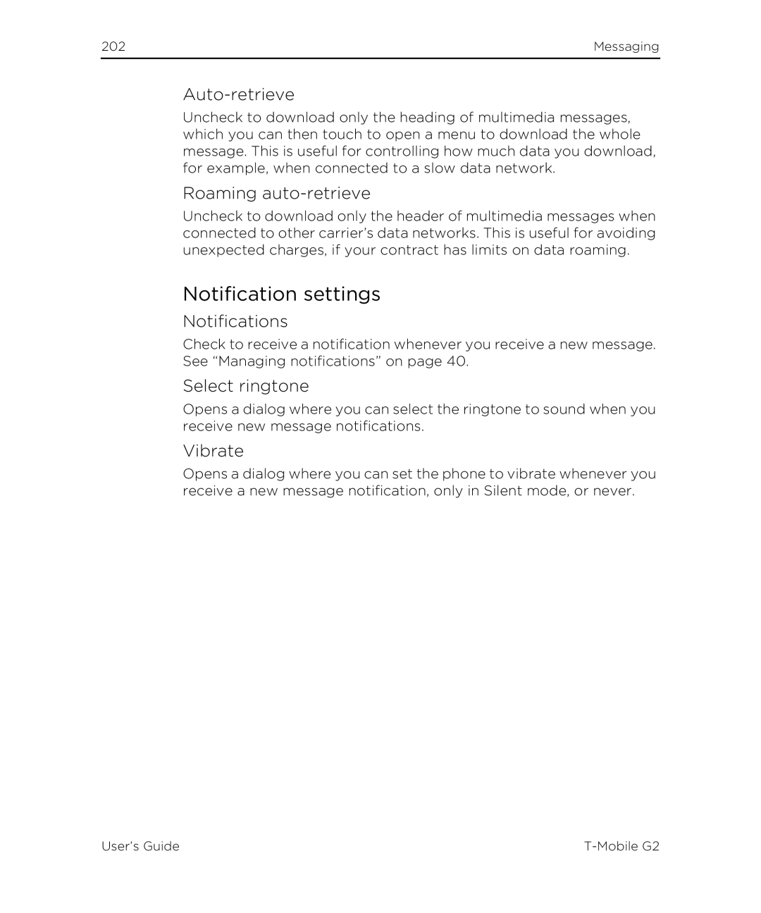 HTC G2 manual Auto-retrieve, Roaming auto-retrieve, Notifications 