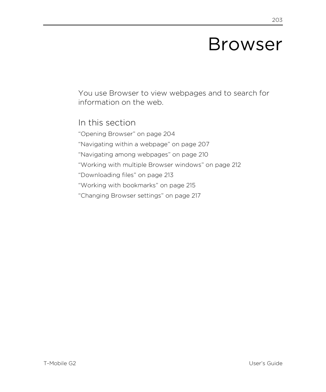 HTC G2 manual Browser, This section 