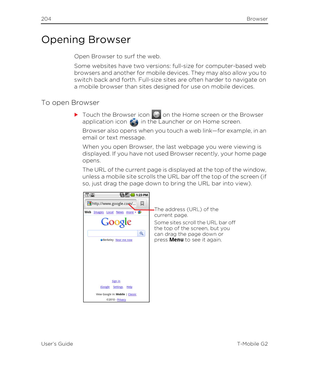 HTC G2 manual Opening Browser, To open Browser 