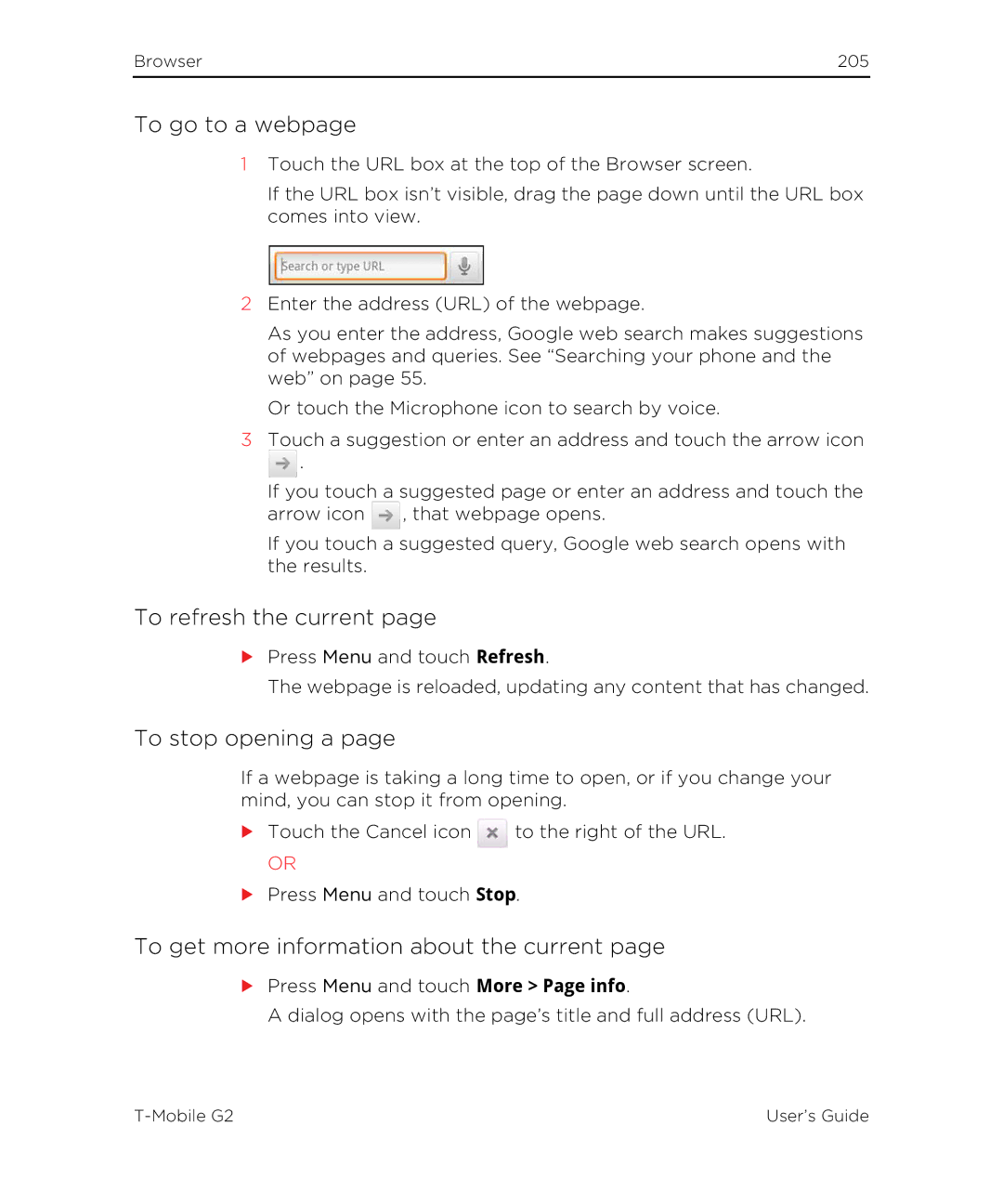 HTC G2 manual To go to a webpage, To refresh the current, To stop opening a, To get more information about the current 