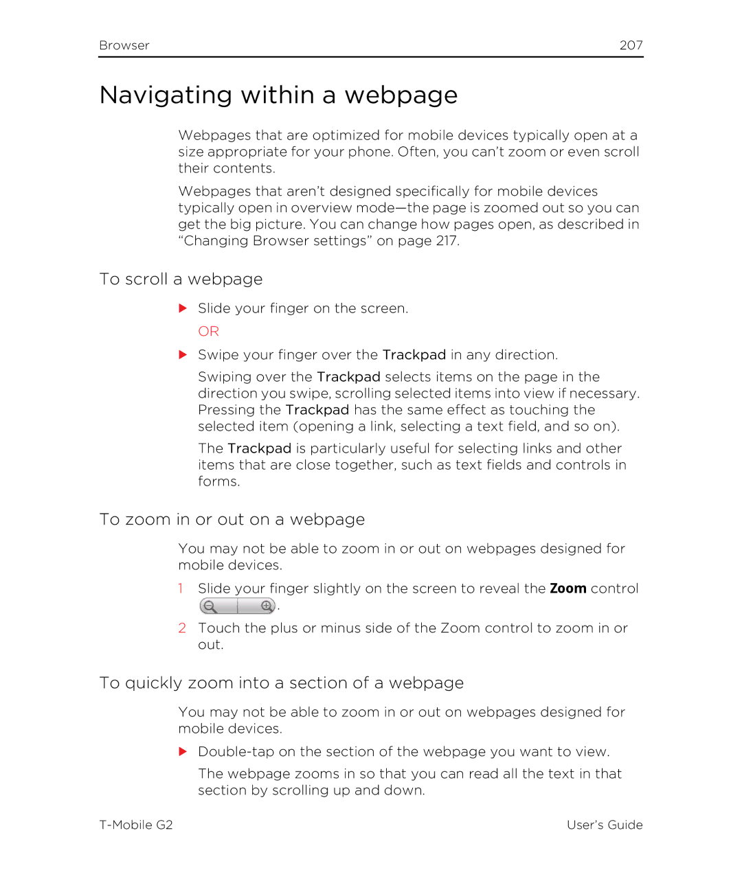 HTC G2 manual Navigating within a webpage, To scroll a webpage, To zoom in or out on a webpage 