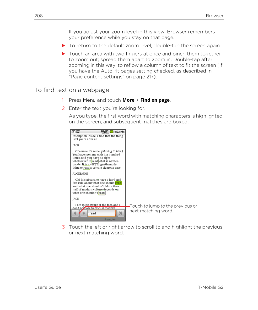 HTC G2 manual To find text on a webpage 