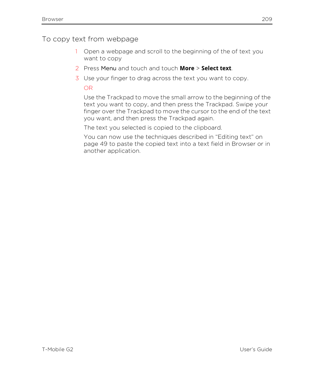 HTC G2 manual To copy text from webpage 