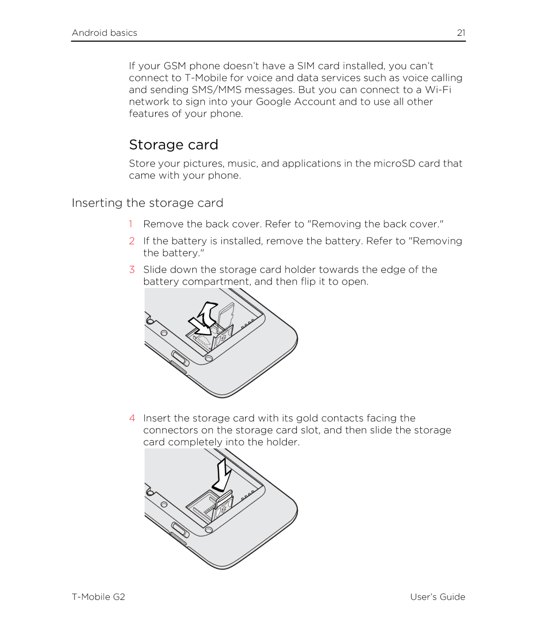 HTC G2 manual Storage card, Inserting the storage card 