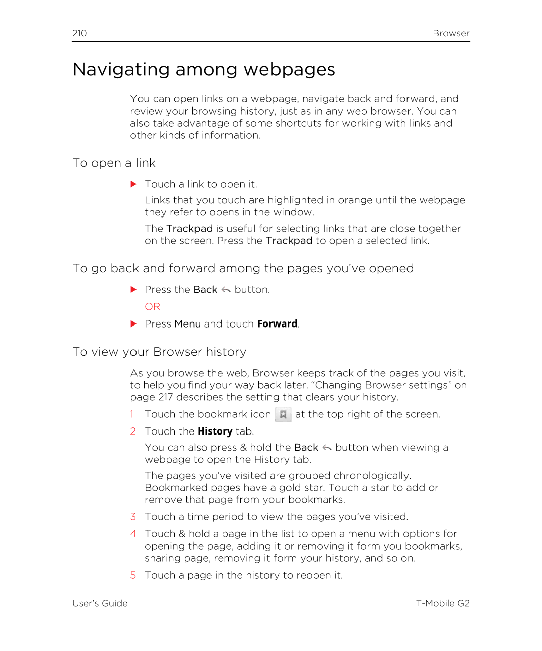 HTC G2 manual Navigating among webpages, To open a link, To go back and forward among the pages you’ve opened 