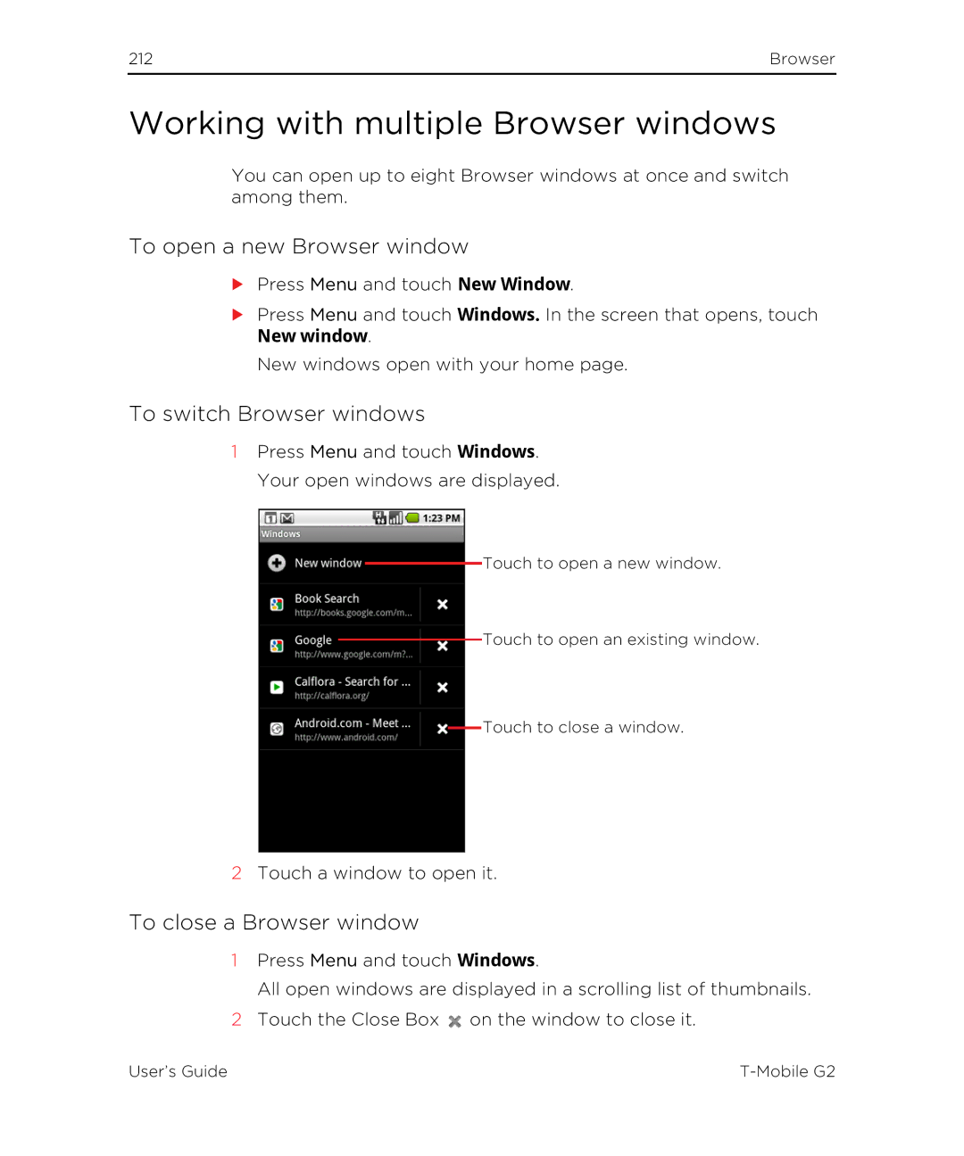 HTC G2 manual Working with multiple Browser windows, To open a new Browser window, To switch Browser windows, New window 